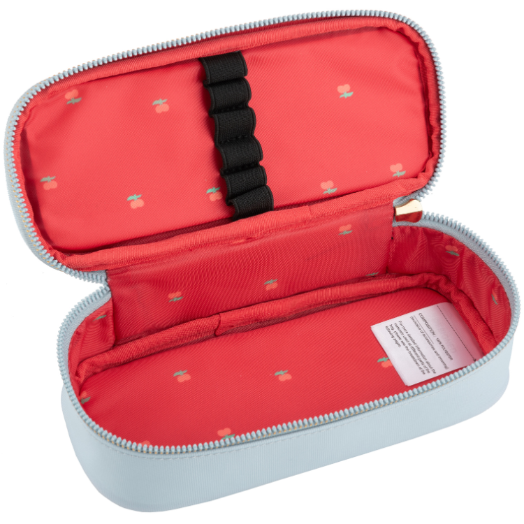 Trendy spacious pencil box. A plain pencil box, varnished with Jeune Premier designs, with a selection of elastic bands on the lid to store your favorite pens.